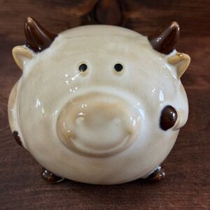 Vintage Ceramic Round Cow Figurine Cream Brown Glossy Farmhouse Decor RARE